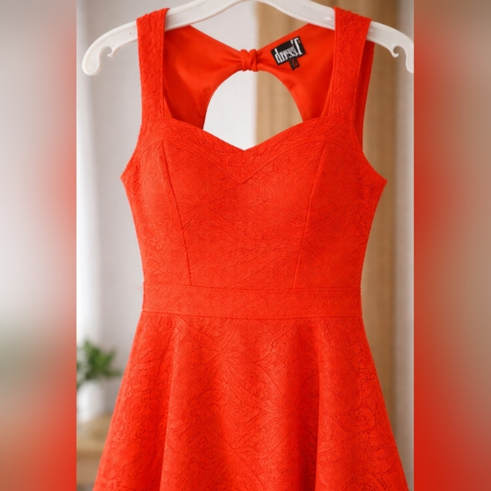 Y2K DressT Orange Lace Skater Dress Lined Bow Back Night Out 12 - Picture 4 of 13